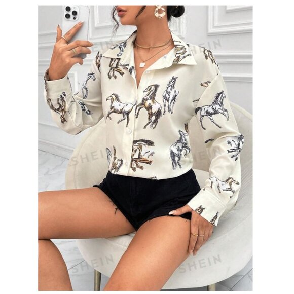 SHEIN Essence Horse Print Button Down Collard Blouse Size Women's Small - Picture 2 of 8